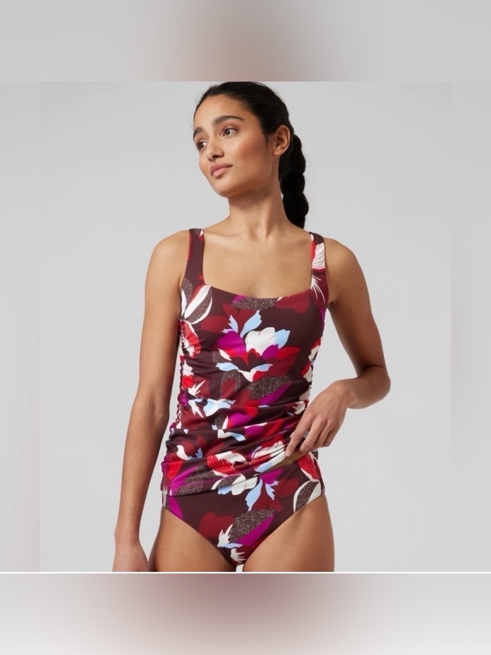 Athleta Hero Bloom Chocolate Swim Tank & High Waist Bottom Set Large 38D/DD